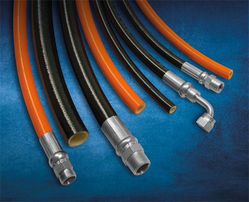 Thermoplastic hydraulic hoses with crimped stainless steel end fittings and 90 degree elbows by Nova Beltech