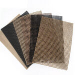 PTFE open mesh conveyor belt material swatches showing various mesh aperture sizes and antistatic coatings by Nova Beltech
