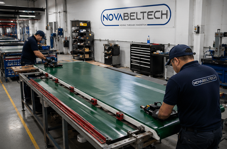 Nova Beltech technicians custom fabricating a heavy-duty green PVC conveyor belt in facility