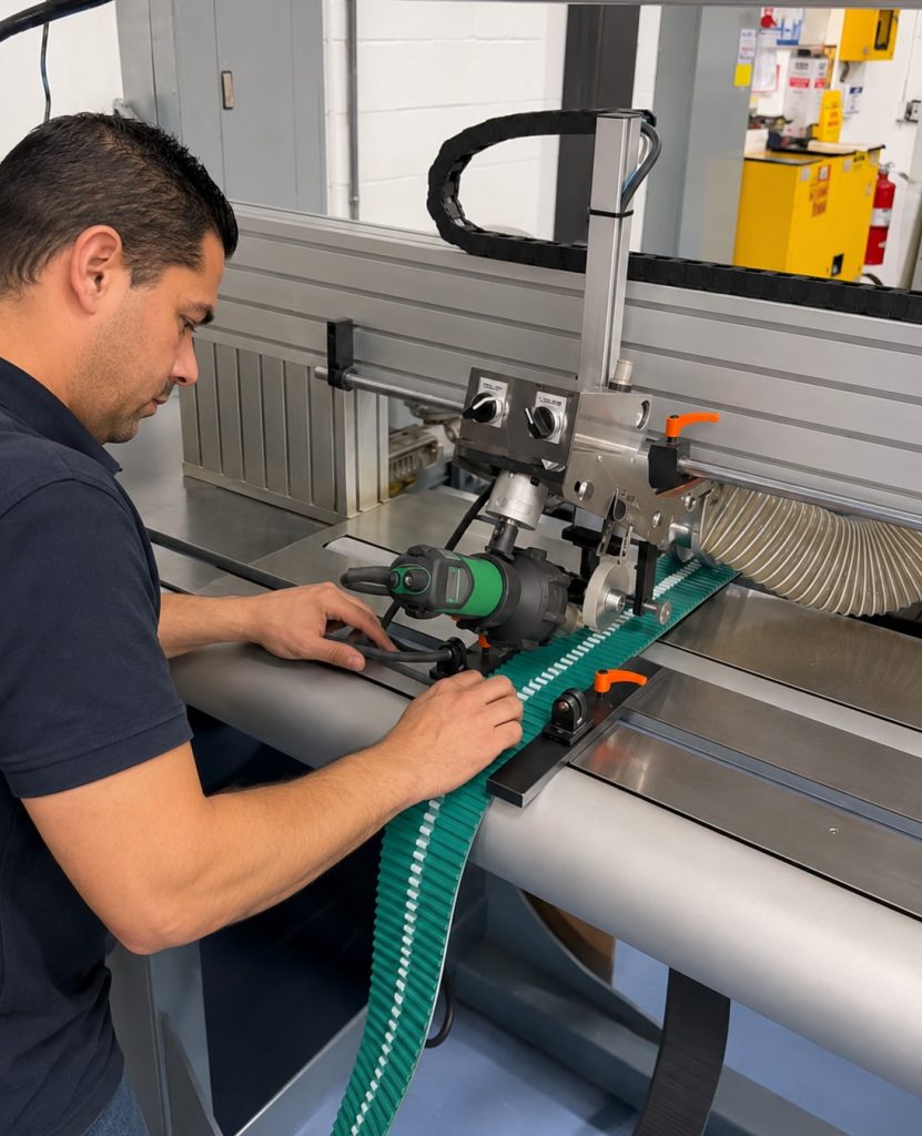 Nova Beltech technician welding custom V-guides on a green timing belt using automated hot air machine