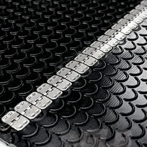 Black crescent pattern rubber conveyor belt with stainless steel mechanical plate fasteners by Nova Beltech