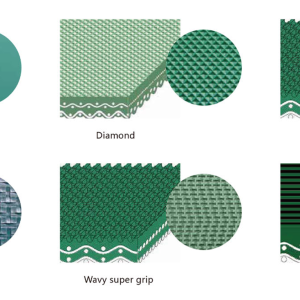 Industrial conveyor belt surface textures chart showing Matt, Diamond, Rough Top, Lattice, Wavy Grip, and Longitudinal patterns by Nova Beltech
