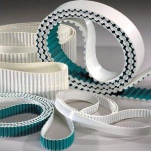 White Polyurethane PU timing belts with green fabric backing for synchronous drive and positioning by Nova Beltech