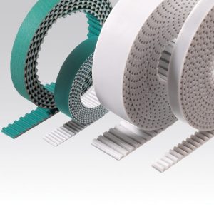 Open-end polyurethane timing belt rolls with green NFT fabric lining by Nova Beltech